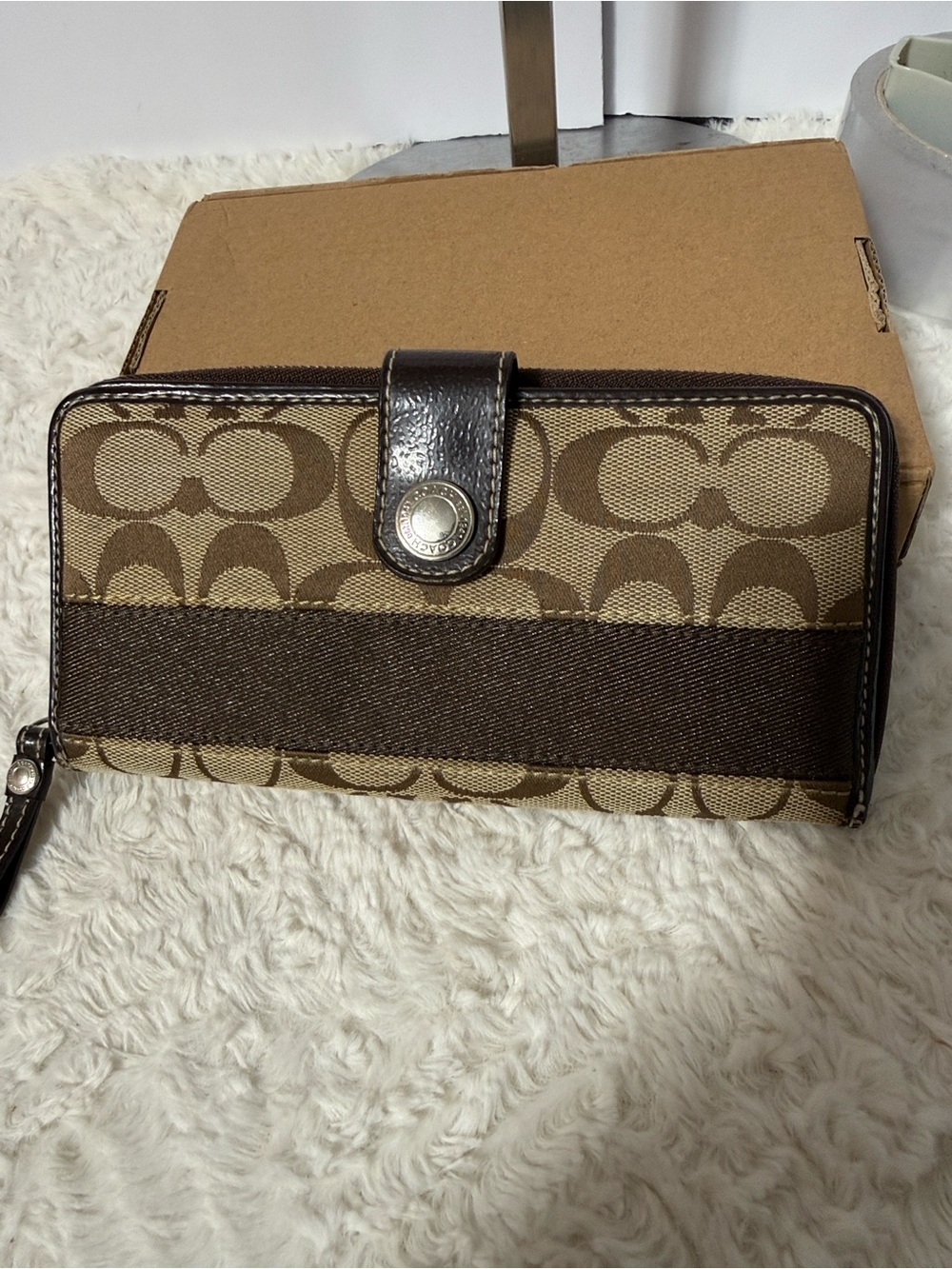 Coach Brown Signature Canvas Wristlet Wallet with Dark Trim